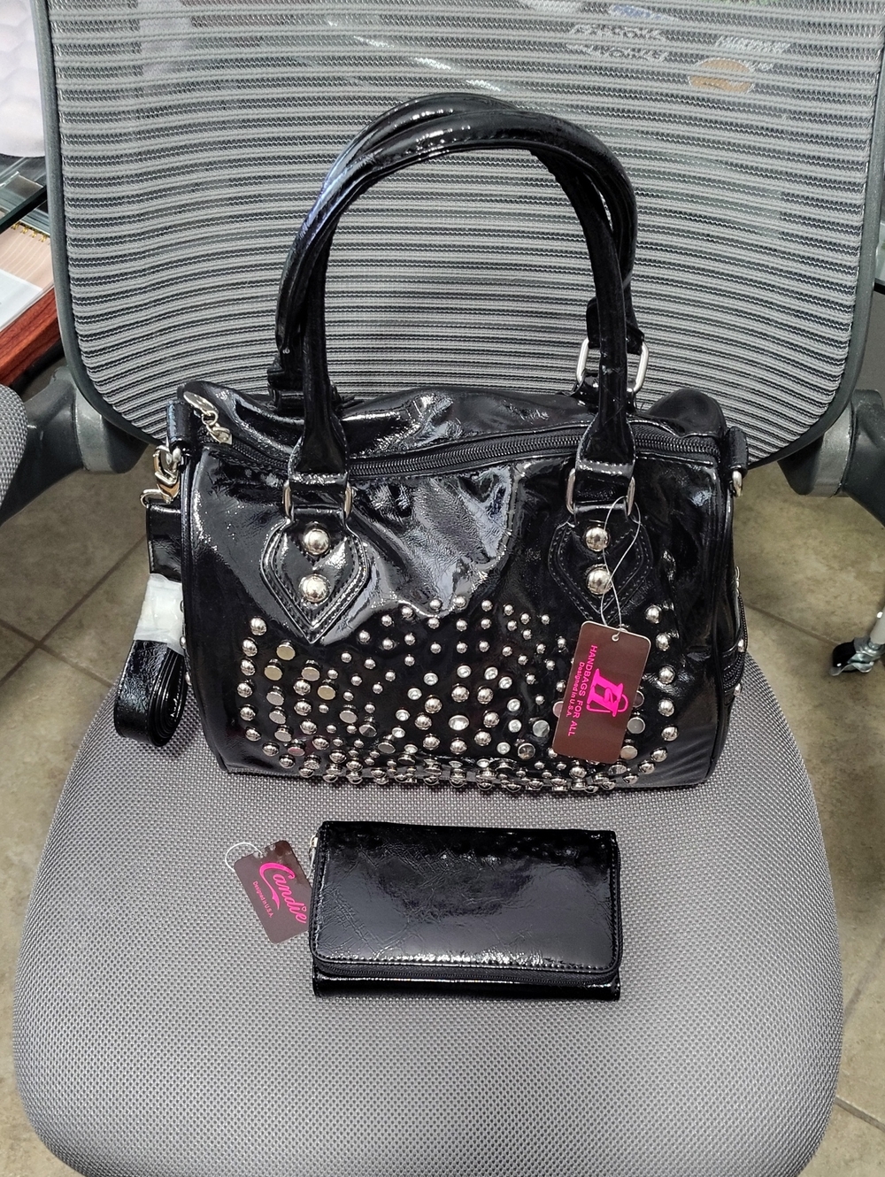 Brand New Black Patent Studded Satchel Handbag with Wallet